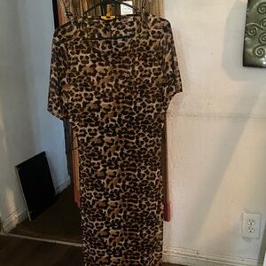 Leopard Print Short-Sleeve Bodycon Dress - Brown/Black